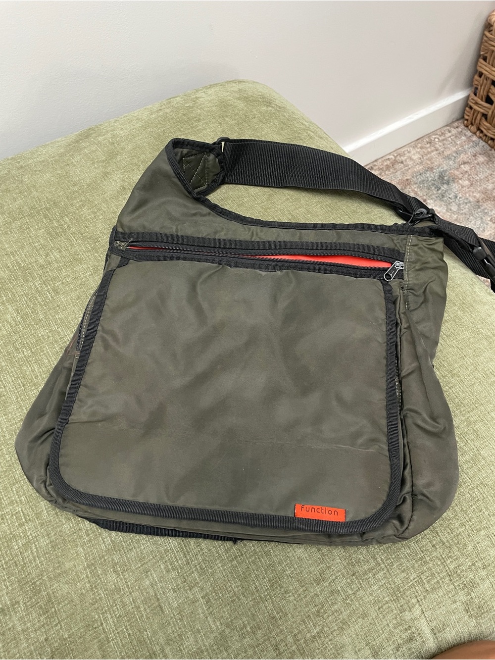 Function & Fringe Olive Crossbody Messenger Bag with Orange Trim
